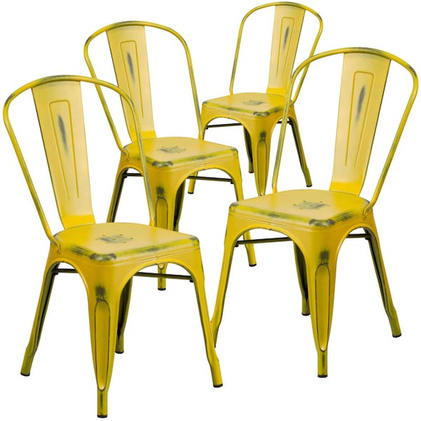 Flash Furniture Distressed Yellow Metal Indoor-Outdoor Stackable Chair,PK4 4-ET-3534-YL-GG