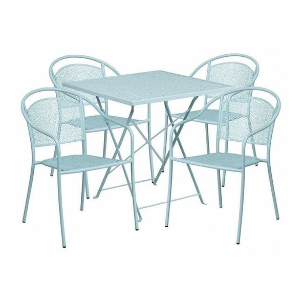 28" Square Sky Blue Steel Folding Table w/4 Chairs