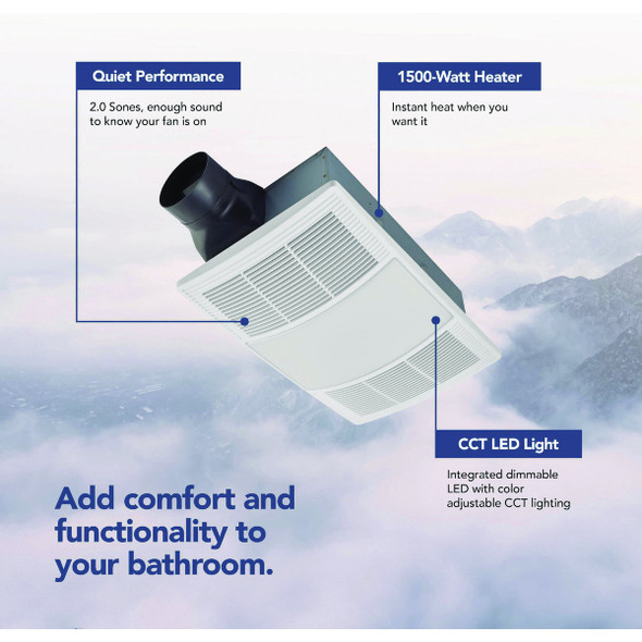 Broan PowerHeat 110 CFM 2.0 Sones Heater Exhaust Fan with CCT Color Adjustable LED Lighting