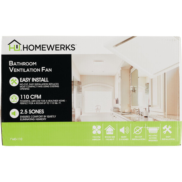Homewerks 110 CFM 2.5 Sone Ceiling No Cut Installation Bathroom Exhaust Fan 7140-110 518267