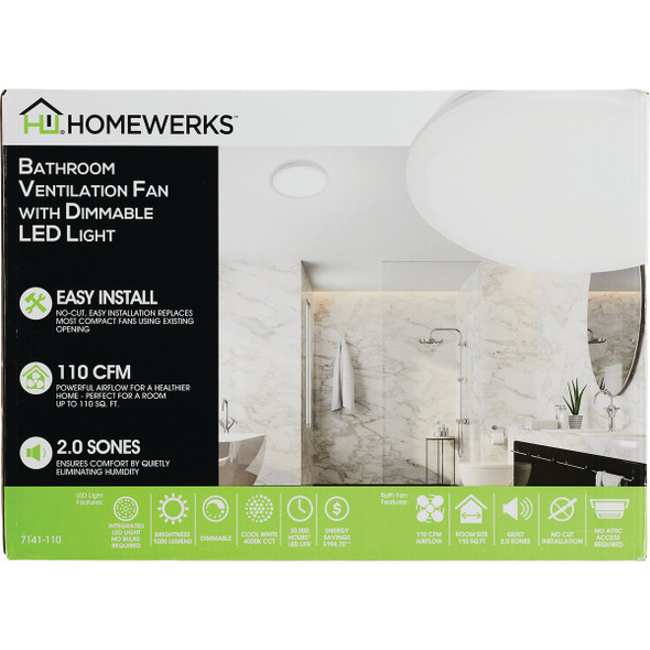 Homewerks 110 CFM 2.0 Sone Ceiling No Cut Installation Bathroom Exhaust Fan with LED Light Homewerks 110 CFM 2.0 Sone Ceiling No Cut Installation Bathroom Exhaust Fan with LED Light