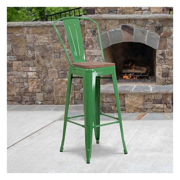 Metal Barstool, 30", Green, Seat Material: Wood