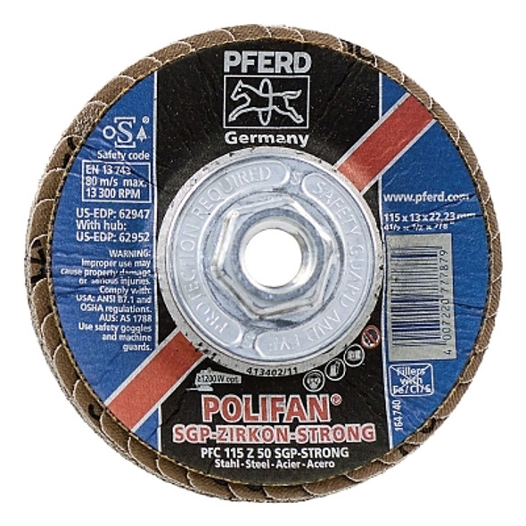 POLIFAN® Flap Disc, 4-1/2 in dia, 50 Grit, 5/8 in - 11 Thread, 13300 RPM, Type 29 POLIFAN® Flap Disc, 4-1/2 in dia, 50 Grit, 5/8 in - 11 Thread, 13300 RPM, Type 29