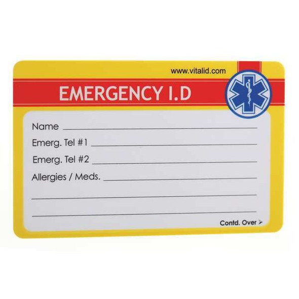 Vital Id Emergency Wallet I.D. Card,Plastic,PK200 WSID-04