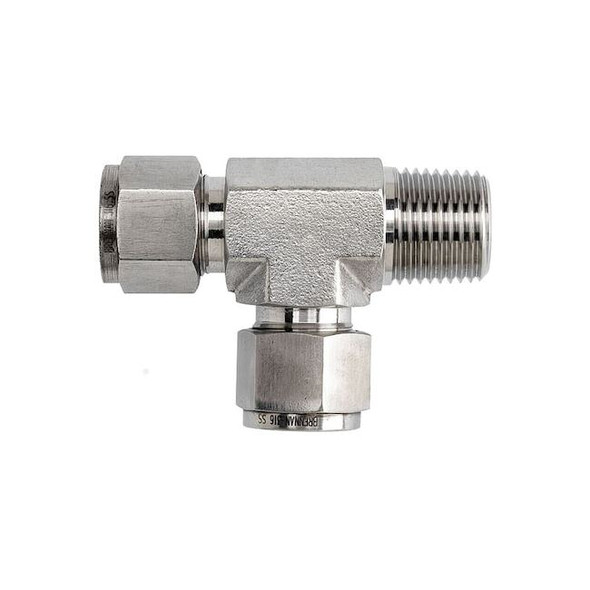Brennan Industries Tee, SS, Comp 1/4", MNPT 1/8", Comp 1/4" N2605-04-02-04-SS