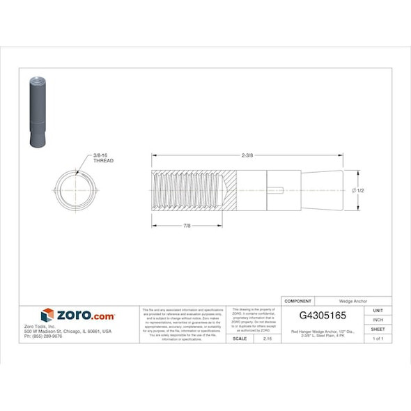 Manufacturer Varies Rod Hanger Wedge Anchor, 1/2" Dia., 2-3/8" L, Steel Plain, 4 PK 38DWG