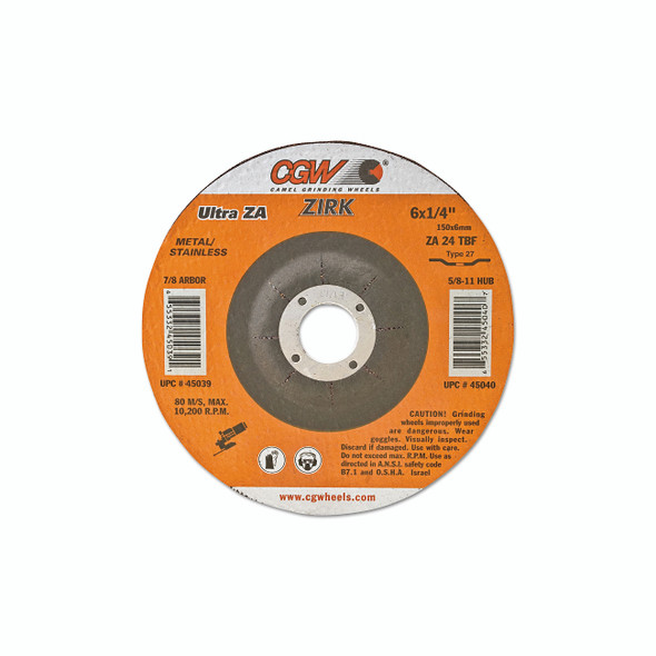 Depressed Center Wheel, Type 27, 9 in Dia, 1/4 in Thick, 24 Grit, Zirconia Alum Oxide Pack of 10