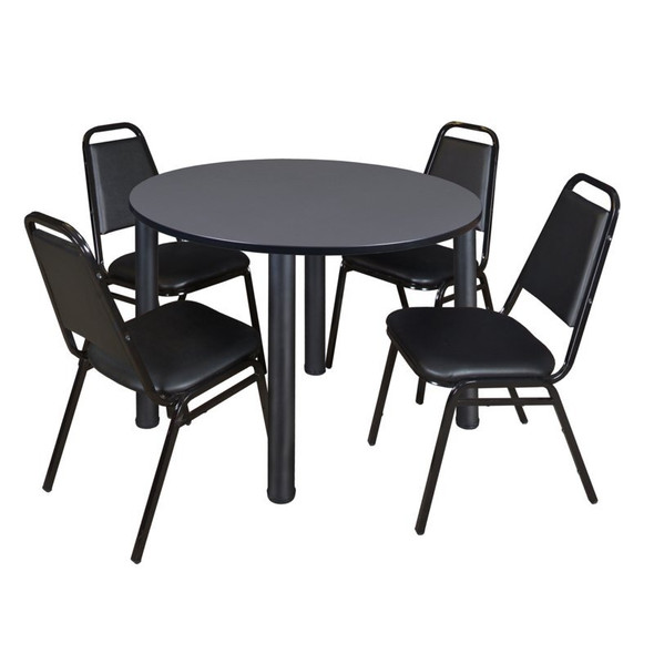 Kee Kee Round Table & Chair Set, Wood, Metal, Vinyl Top, Grey TB48RNDGYBPBK29BK