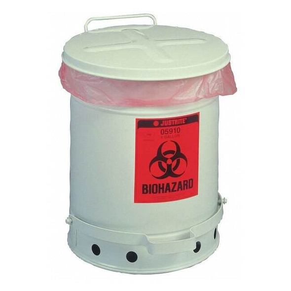 Justrite Biohazard Waste Can, Steel, 6 gal, White 05910