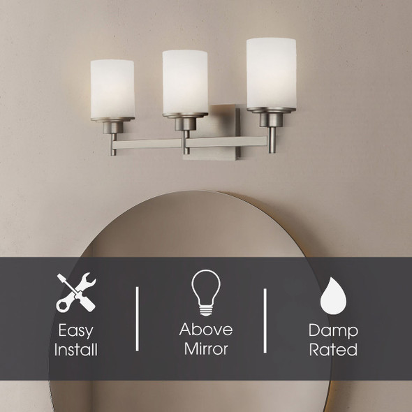 Canarm Lyndi 3-Light Brushed Nickel Vanity Bath Light Fixture, Etched Glass