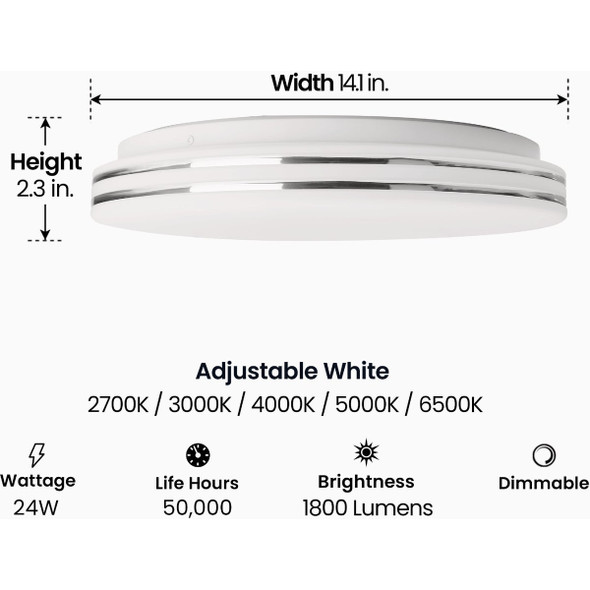 Feit 14 In. Chrome LED CCT Dimmable Dual Band Flush Mount Ceiling Light Fixture FM14/DR1/6WY/NK 550498