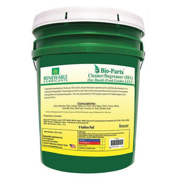 Renewable Lubricants Cleaner/Degreaser, 5 Gal Pail, Liquid, Light Yellow 87594