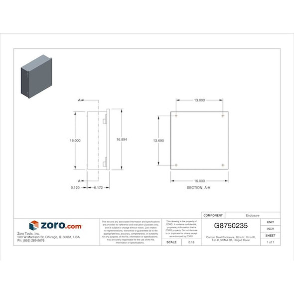 Padlockable Hasp Electrical Enclosures, 16 in H, 6 in D, 16 in W, 3R, Steel