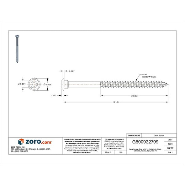 Deck Screw, 5/16 in x 3-19/64 in, Steel, Flange Round Head, Torx Drive, 500 PK