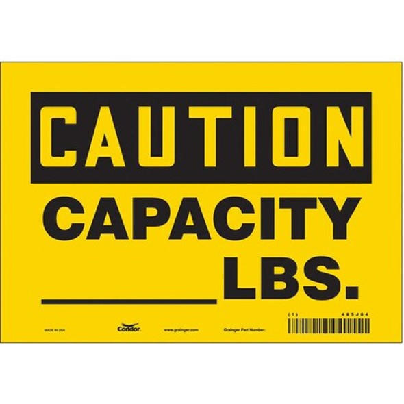 Caution, CAPACITY_ LBS., 10 in W x 7 in H, Vertical Rectangle, Vinyl, 485J84