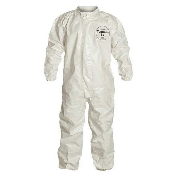 0 Coverall. Collar. Elastic Wrists and Ankles. Storm Flap with Adhesive Closure. White. LG