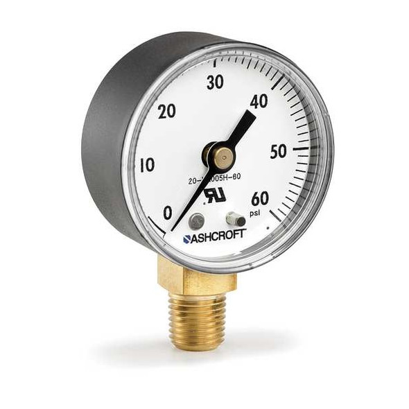 Pressure Gauge, 2 in Dial, 1/4 in MNPT, Bottom Location, ABS Case Material