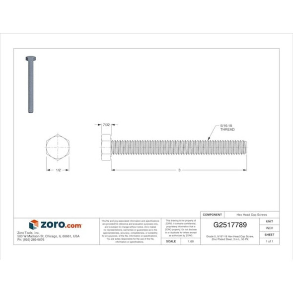Grade 5, 5-16"-18 Hex Head Cap Screw, Zinc Plated Steel, 3 in L, 50 PK  U01210.031.0300