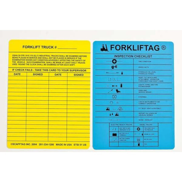 Tag, Forklift, Plastic, 11 1-2 in H x 6 in W, Blue, Yellow on White, Rectangle  FLT-ETSH9A