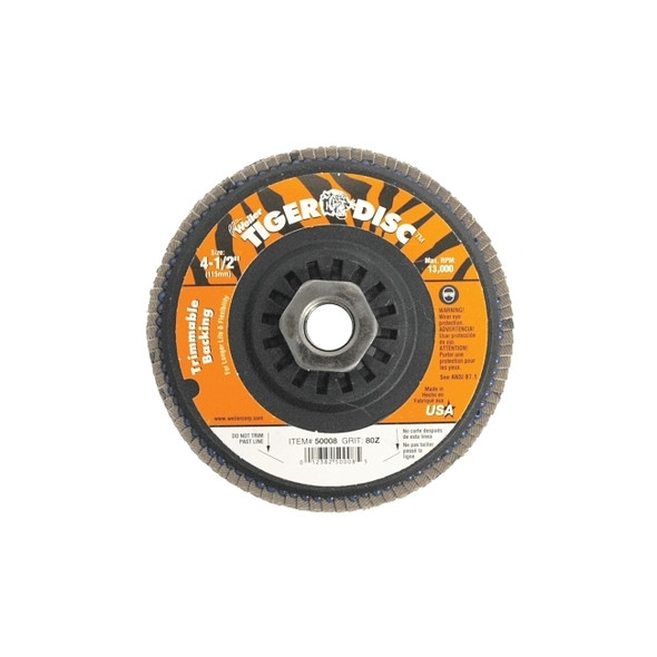Trimmable Tiger Flap Discs, 4 1/2 in, 80 Grit, 5/8 Arbor, 13,000 rpm