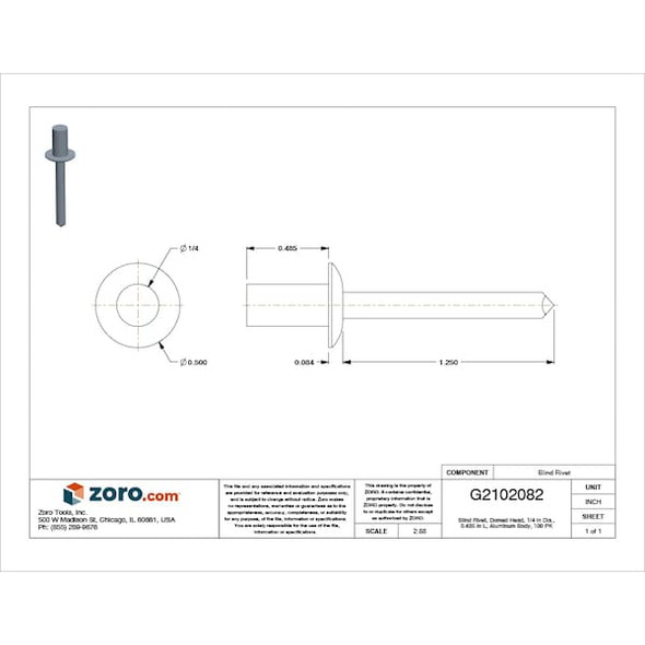 Blind Rivet, Dome Head, 1/4 in Dia., 31/64 in L, Aluminum Body, 100 PK