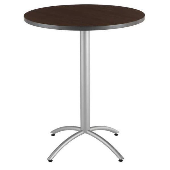 CafeWorks Cafe/Breakroom Table, Walnut Top, Silver Frame, 36 in Dia x 42 in H