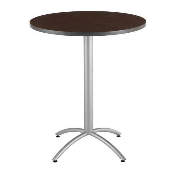 CafeWorks Cafe/Breakroom Table, Walnut Top, Silver Frame, 36 in Dia x 42 in H