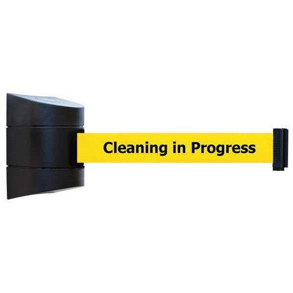 Retractable Belt Barrier, 15 ft Length, Cleaning in Progress, Black