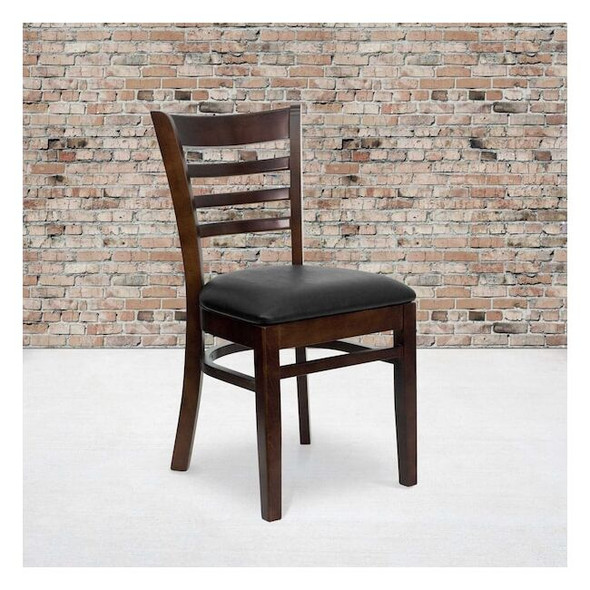 Ladder Back Walnut Wood Restaurant Chair,Black Vinyl Seat,PK2