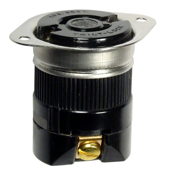 Flanged Locking Receptacle, L2-20R, 20 A, 250V AC, Single Phase, 2 Pole, Flush Mount, Black
