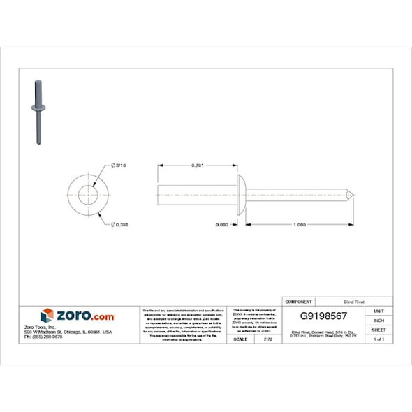 Blind Rivet, Dome Head, 3/16 in Dia., 25/32 in L, Stainless Steel Body, 250 PK