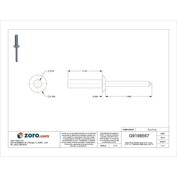 Blind Rivet, Dome Head, 3-16 in Dia., 25-32 in L, Stainless Steel Body, 250 PK  U33670.018.0068