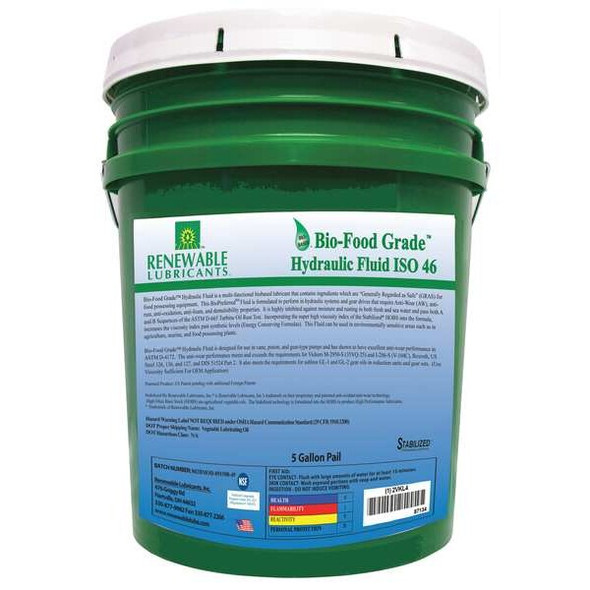 Renewable Lubricants Bio-Food Grade Hydraulic Fluid, 5 gal., ISO 46 87134