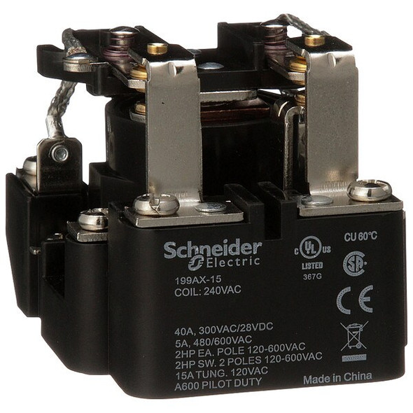 Schneider Electric Surface, Open Power Relay, Octal, 40 A, 8, Screw 199AX-15