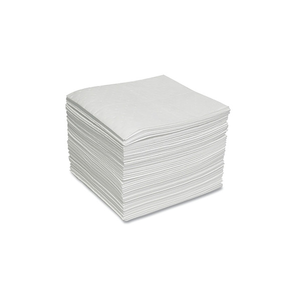 Sorbent Pads and Rolls, 18 in L x 16 in W, Oil Only, Light, Single-Ply, White, Pads