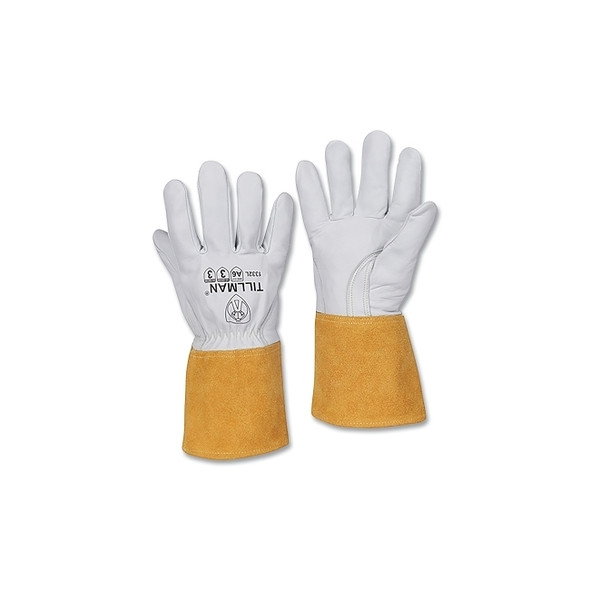 TIG Welding Gloves, 1332, Top Gr Goatskin Palm/BOH/Cuff, Med, Pearl/Bourbon Brn, 4 in L Shirred Cuff