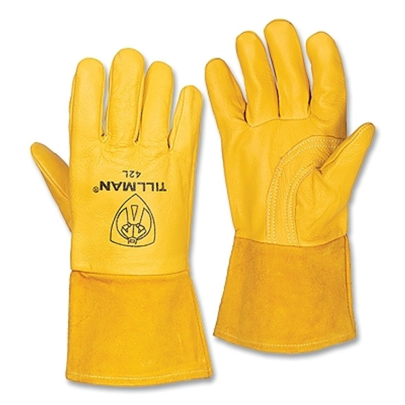 MIG Welding Gloves, 42, Top Gr Pigskin Palm/BOH/Split Cowhide Cuff, Med, Tan, 4 in L Straight Cuff