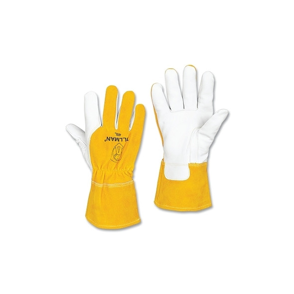 MIG Welding Gloves, 48, Top Gr Goatskin Palm/Split Cowhide BOH/Cuff, XL, Bourbon Brn/Pearl, 3-1/2 in L Shirred Cuff