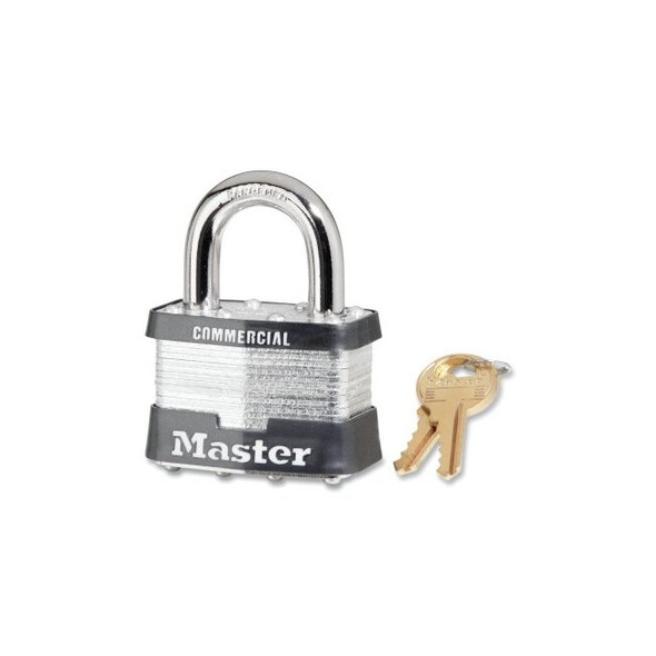 No. 5 Laminated Steel Padlock, 3/8 in dia x 15/16 in W x 1 in H Shackle, Silver/Gray, Keyed Alike, Keyed A1350