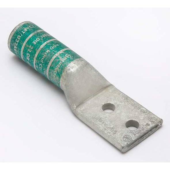 Two-Hole Compression Lug, 600 kcmil Max, 3/8 in Stud, Long Barrel, Copper, Green