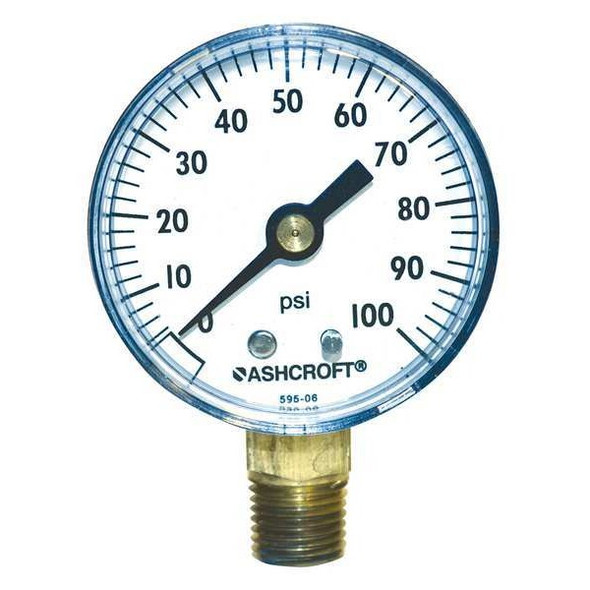 Industrial Pressure Gauge, 0 to 100 psi, 2 in Dial, 1/4 in NPT, Bottom Location