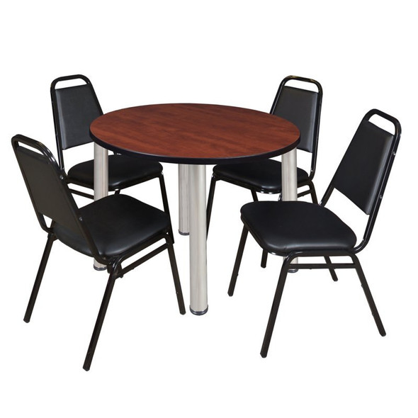 Kee Round Table & Chair Set, Wood, Metal, Vinyl Top, Cherry