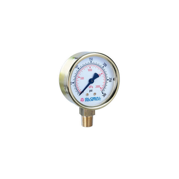 Global Industrial 2-1/2"" Pressure Gauge 60 PSI/KPA 1/4"" NPT LM Polished Brass