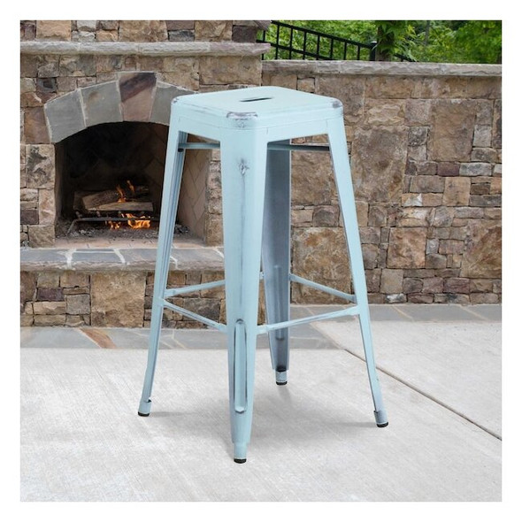 30"H Backless Distressed Green-Blue Barstool, PK4