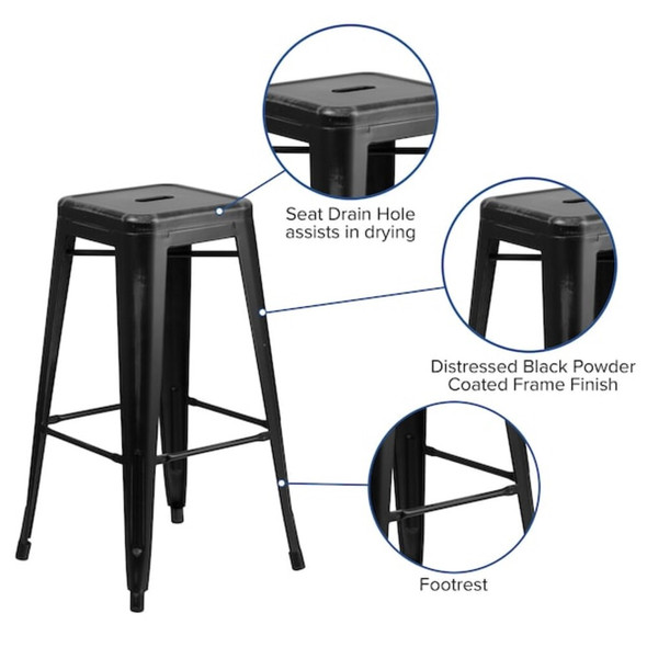 4PK 30"H Backless Distressed Black Metal Barstool  4-ET-BT3503-30-BK-GG