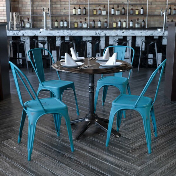 Distressed Kelly Blue-Teal Metal Indoor-Outdoor Stackable Chair,PK4