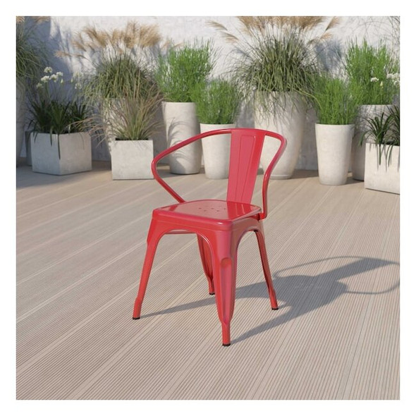 Flash Furniture Red Metal Indoor-Outdoor Chair with Arms,PK4 4-CH-31270-RED-GG