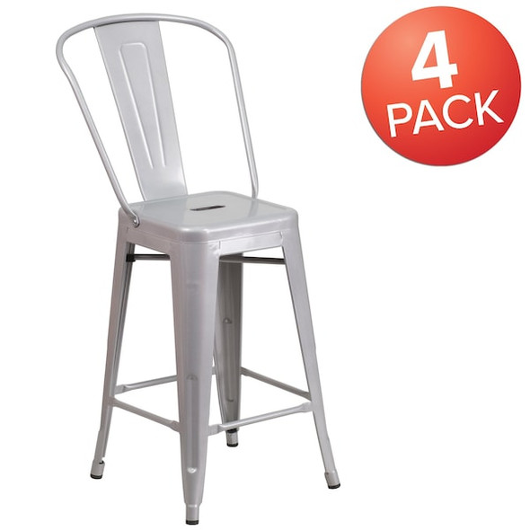 Flash Furniture 4PK 24"H Silver Metal Counter Height Stool w/Back 4-CH-31320-24GB-SIL-GG