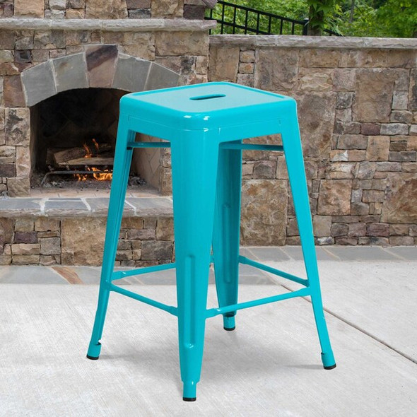 24"H Backless Teal-Blue Counter Height Stool, PK4