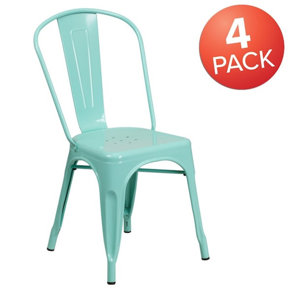 Mint Green Metal Indoor-Outdoor Stackable Chair,PK4  4-ET-3534-MINT-GG
